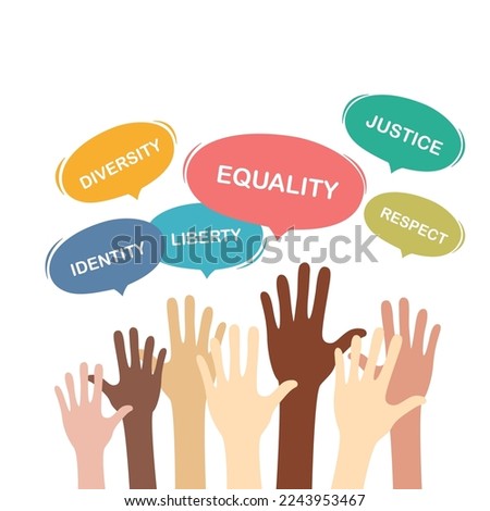 People raise their hands to demand rights. Diversity, Equality, Justice, Liberty, Respect, and Identity. Vector illustration.