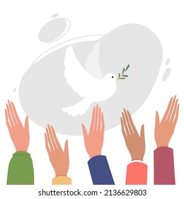 People raise their hands greeting the dove of peace. Pigeon of peace, the symbol of help, support, charity, kindness, nobleness, friendship and peaceful world without war. Flat vector illustration.