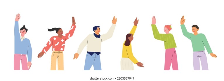 People raise their hands and say hello. flat design style vector illustration.