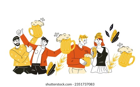 People raise a toast and clink glasses of beer doodle style vector illustration isolated on white background. Banner or party invitation backdrop design for Oktoberfest or beer festival.