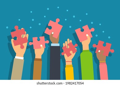 People raised arms holding jigsaw puzzle pieces. People give puzzle piece in palm hand. Concept of cooperate, collaborate and teamwork. Flat style vector illustration.