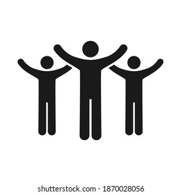 People with raised arms icon. Winners silhouette. Success teamwork concept. Hands up vector illustration. Leadership black symbol. Fans sign. Business people celebrating victory.