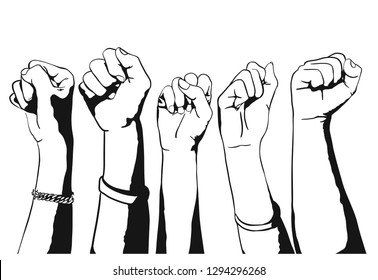People raised a fist for fighting their rights sunlight effect,  fists hands up with three persons wearing an arm band. Concept human rights.
