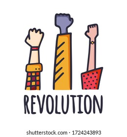 People raised fist on air. Flat colorful hand draw Cartoon style Vector illustration.