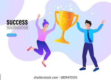 The people raised the golden trophy to celebrate the team's victory. Business teamwork winner concept. Success and achievement concept. Vector graphics.