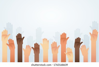 People raised hands different skin color vector. Voting, democracy or volunteering concept