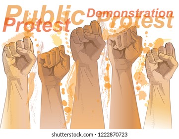 people raised hands fist air fighting for their rights and shouting.Concept of revolution or protest. Crowd of protesters people. fist air fighting for their rights