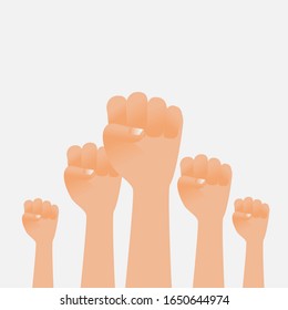 People raised hands fist air fighting with crowd of protesters people. Vector illustration.