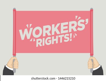 People Raised Hands And Shouting With Workers Rights. Concept Of Revolution Or Protest. Vector Illustration.