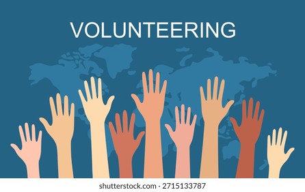 Las Personas levantaron la mano con el mapa del mundo en el fondo, simbolizando el voluntariado, la caridad y la Asistencia social.