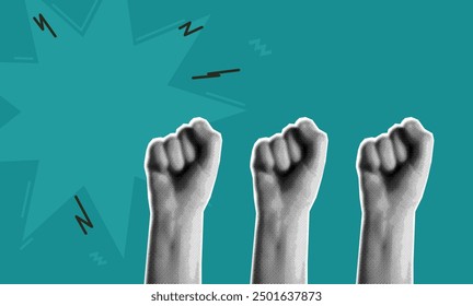 People raised their fists, social struggle, women's rights, protest illustration in the style of Grange magazine, half -ton vector art