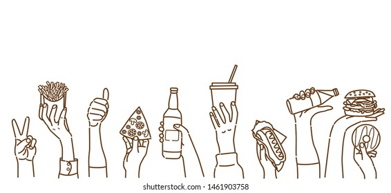 People raised their hands with food