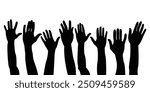 people raising hand silhouettes. People raising hand at the concert. Large group of people with raising hands, Cheering crowd at a concert. vector flat style. isolated on white background.