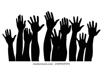 people raising hand silhouettes. People raising hand at the concert. Large group of people with raising hands, Cheering crowd at a concert. vector flat style. isolated on white background.