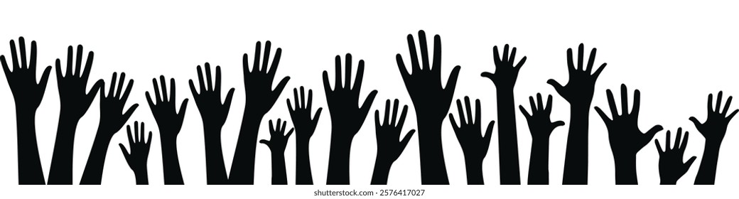 people raising hand silhouettes. People raising hand at the concert. row of hands reaching up in the air Silhouette. The hands are all different shapes and sizes.