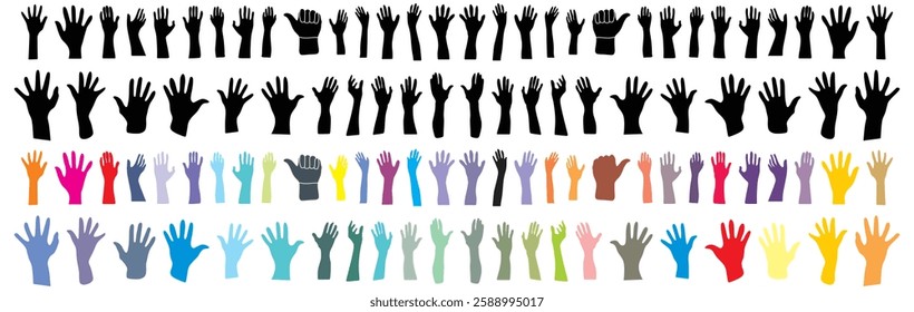 People raising hand silhouettes. People raising hand at the concert. Large group of people with raising hands, Cheering crowd at a concert. vector flat style. isolated on white background