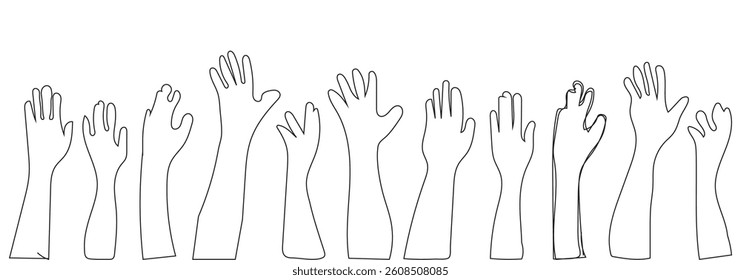 people raising hand silhouettes. People raising hand at the concert. Large group of people with raising hands, Cheering crowd at a concert. vector flat style. isolated on white background.