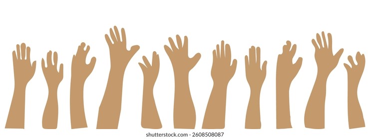 people raising hand silhouettes. People raising hand at the concert. Large group of people with raising hands, Cheering crowd at a concert. vector flat style. isolated on white background.