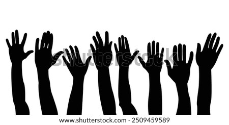 people raising hand silhouettes. People raising hand at the concert. Large group of people with raising hands, Cheering crowd at a concert. vector flat style. isolated on white background.