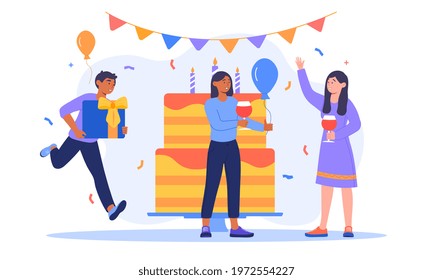 People raising hands celebrating holiday with colorful confetti. Guest give present to hero of the day. Flat abstract metaphor cartoon vector illustration concept design. Isolated on white background