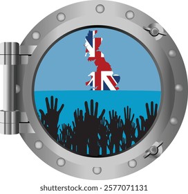 People raising hands seen through ship porthole with great britain map sinking