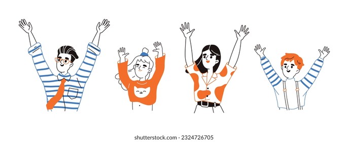People raising hands set. Smiling characters wave or dance. Rejoicing man and woman, boy and girl in doodle style. Children and parent spread arms. Cartoon flat vector isolated on white background