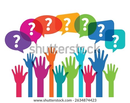 People raising hands and speech bubbles with questions marks. FAQ and questions concept