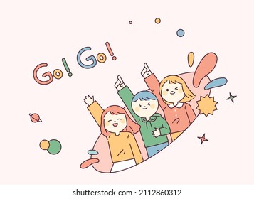 People are raising their fingers and shouting Go!Go! Cute characters with happy faces. outline simple vector illustration.