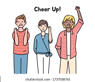 People are raising their fists and making a victory sign. hand drawn style vector design illustrations. 