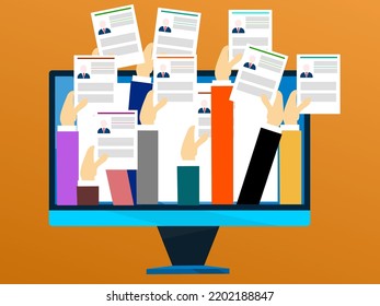 People raising their hands with their Curriculum Vitae to be chosen, it is a concept that the cv is reviewed to be able to be chosen in a job