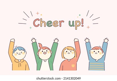 People raising their hands up and giving positive expressions. A character with a round and cute face. flat design style vector illustration.