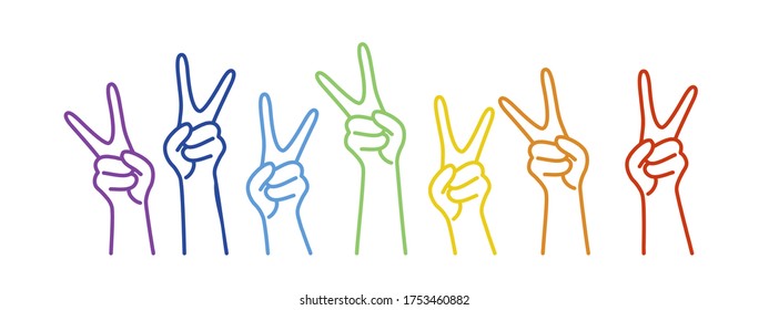 People Raising Their Hands With Two Finger. Rainbow Colors In Linear Vector Illustration.