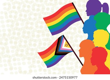 Personas ondeando la bandera del Orgullo Intersexual Progreso y la Nueva bandera del Orgullo LGBTQ. Nueva actualización Intersex Inclusive Progress Pride bandera. Bandera de Anuncio para LGBT, LGBTQ o LGBTQIA más Orgullo 