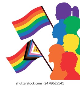 Personas ondeando la bandera del Orgullo Intersexual Progreso y la Nueva bandera del Orgullo LGBTQ. Nueva actualización Intersex Inclusive Progress Pride bandera. Bandera de Anuncio para LGBT, LGBTQ o LGBTQIA más Orgullo 