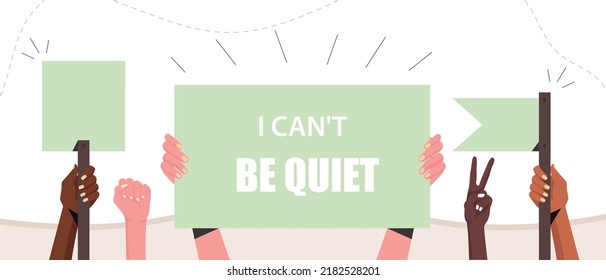 People at rally. Characters hold signs, fight for their rights. Protest and democracy. Place for text, poster or banner. Responsible society, picket, placard. Cartoon flat vector illustration