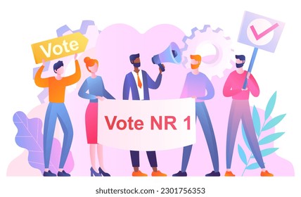 People at rally. Men and women with loudspeakers and placards. Political opposition, elections. Election campaign voting. Protest and demonstration. Cartoon flat vector illustration