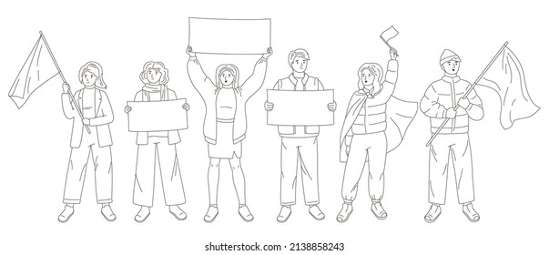 People at rally set. Person hold flag, banner and poster no war in Ukraine. Protesting young men and women take part political meeting. Protest, parade against warfare. Design Ukraine Russia conflict