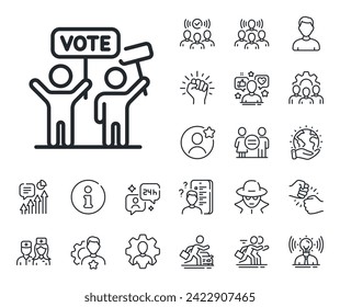 People rally with signs. Specialist, doctor and job competition outline icons. Voting campaign line icon. Public election symbol. Voting campaign line sign. Vector