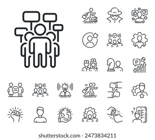 People rally with signs. Specialist, doctor and job competition outline icons. Voting campaign line icon. Public election symbol. Voting campaign line sign. Vector