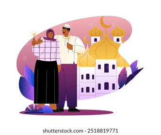 Personas con Ramadán. Hombre y mujer con ropa tradicional de Asia oriental contra el telón de fondo de la mezquita. Cultura y tradiciones islámicas y árabes, religión y creencias, fe. Ilustración vectorial plana