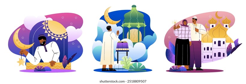 People with Ramadan set. Men and women near Islamic mosques. Mubarak and ramazan. Faith and religion, belief. Holiday and festival. Flat vector collection isolated on white background