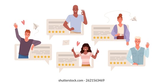 People rate product or service with five stars, good reviews set. Positive customer feedback in social media, characters rate quality with thumbs up and okay gestures cartoon vector illustration