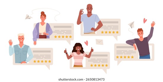 People rate product or service with five stars, good reviews set. Positive customer feedback in social media, characters rate quality with thumbs up and okay gestures cartoon