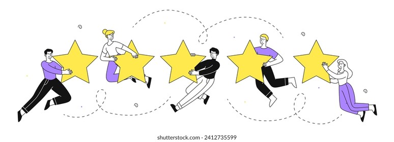 People with rating linear. Men and women with stars in hands. Ranking on internet, feedback from customers and clients. Internet advertising and marketing. Doodle flat vector illustration