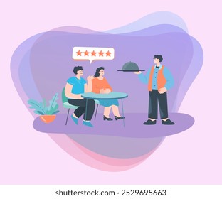 People rating restaurants food flat vector illustration. Couple sitting at table, giving five stars for service and cuisine.  Review, feedback concept for banner, website design or landing web page