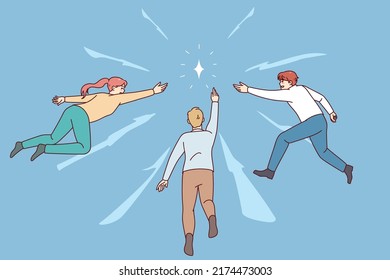 People Reach For Diamond. Colleagues Or Employees Strive For Shared Goal Achievement. Businesspeople Catch New Business Opportunities. Motivation And Ambition. Vector Illustration. 