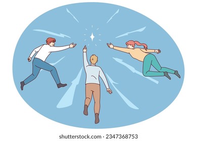 People reach for diamond. Colleagues or employees strive for shared goal achievement. Businesspeople catch new business opportunities. Motivation and ambition. Vector illustration.