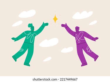 People Reach For Diamond. Man And Woman Strive For Shared Goal Achievement. Colorful Vector Illustration 
