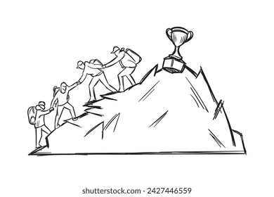 People reach the mountain top hand drawn line sketch. Teamwork, together, success, victory, goal, achievement. Vector illustration concept