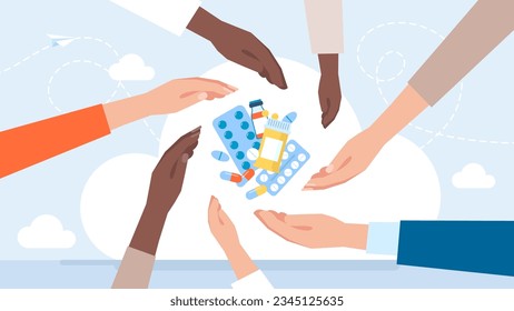 People reach for pills, еablets, capsules, medicines with their hands. Availability of medicines for people of different wealth. Treatment, medication, medical, pharmacy medicine. Vector illustration